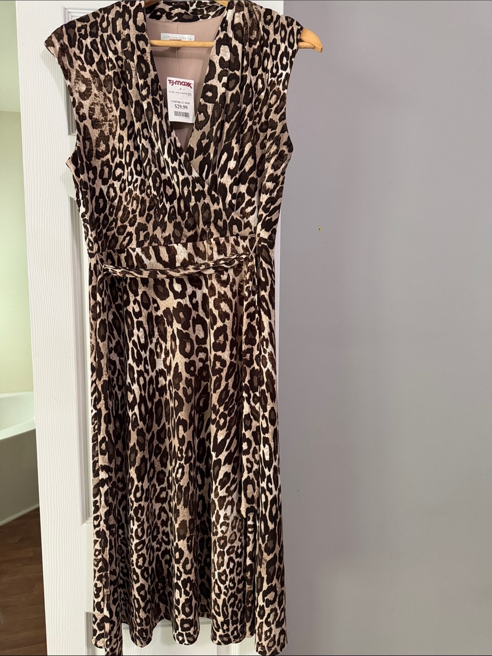 London Times Animal Print Faux-Wrap Midi Dress in Brown and Cream